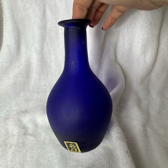 Vintage Luna Cobalt Blue Frosted Glass Vase – 9” - Picture 2 of 8